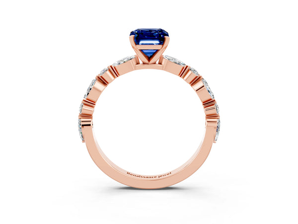 Rose gold Emerald Cut Blue Sapphire Ring with Marquise and Round  Side Stones and Four-Prong Setting