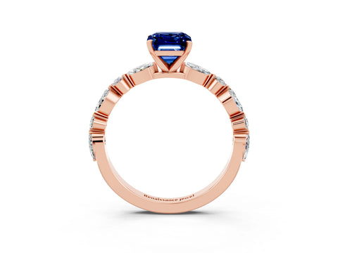 Rose gold Emerald Cut Blue Sapphire Solitaire with Side Stones on a Pavé Band and Four-Prong Setting_3
