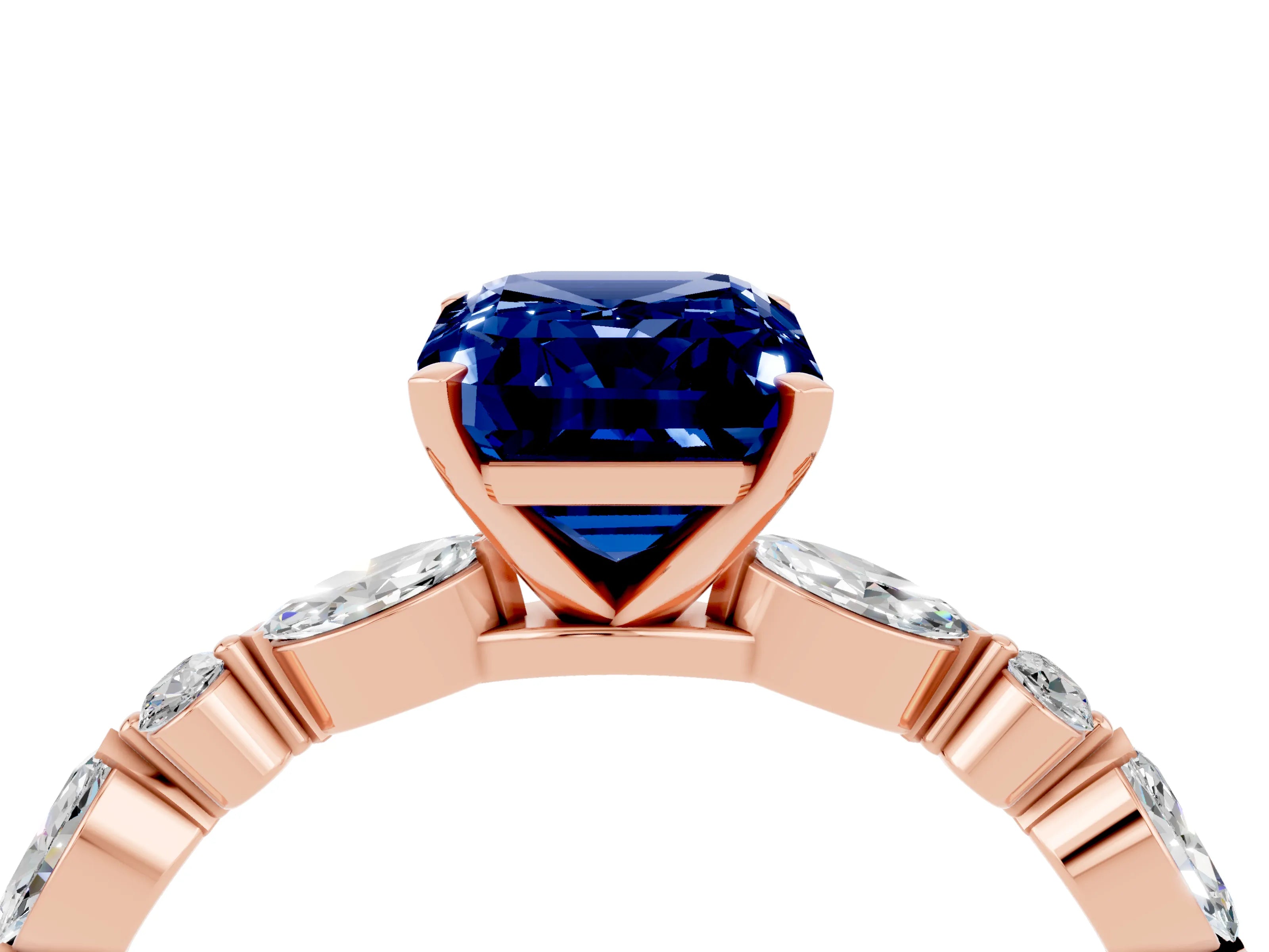 Rose gold Emerald Cut Blue Sapphire Solitaire with Side Stones on a Pavé Band and Four-Prong Setting_4