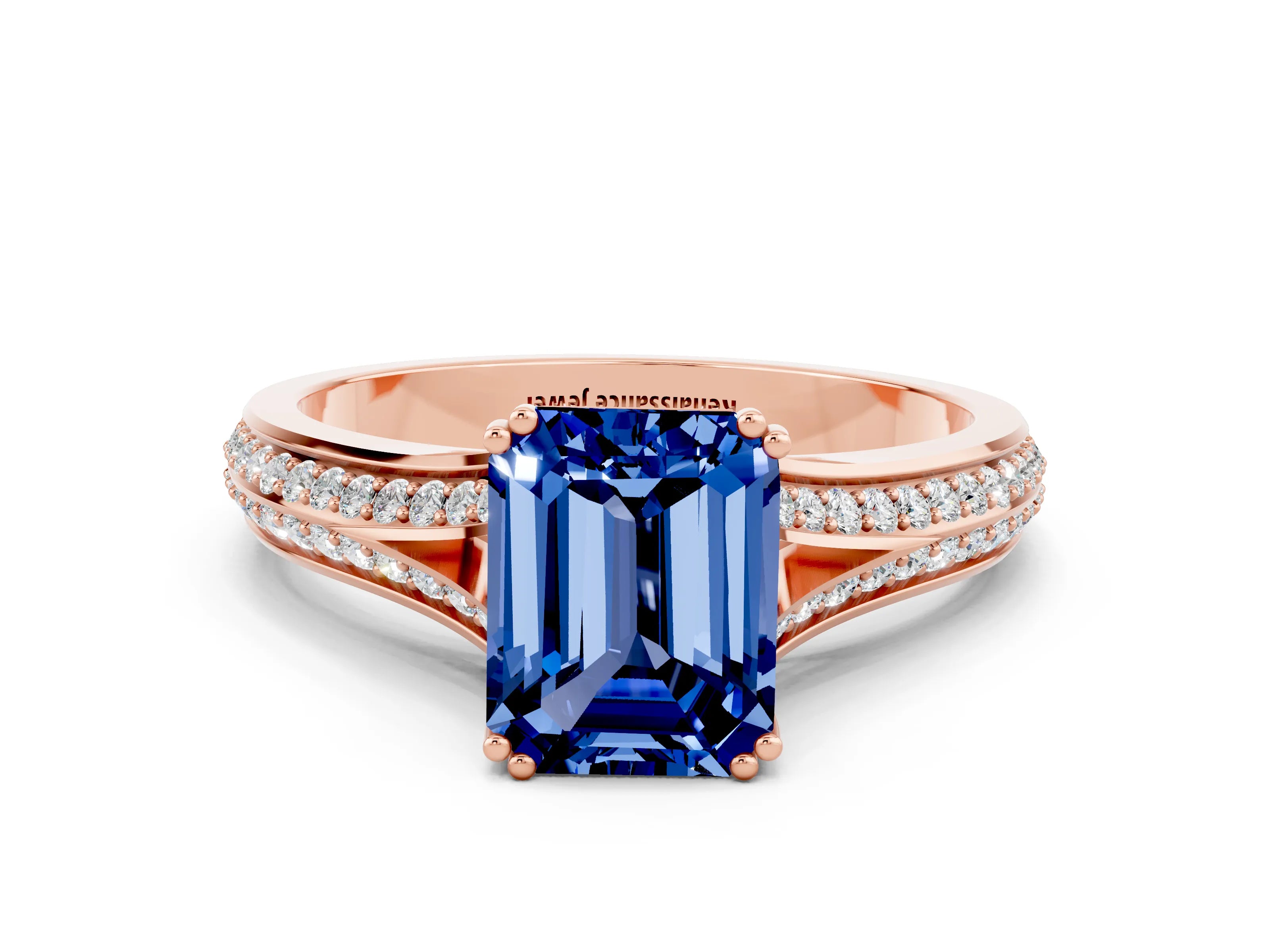 Rose gold Emerald Cut Blue Sapphire Split Shank Engagement Ring with Pavé Band