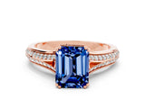 Rose gold Emerald Cut Blue Sapphire Split Shank Engagement Ring with Pavé Band