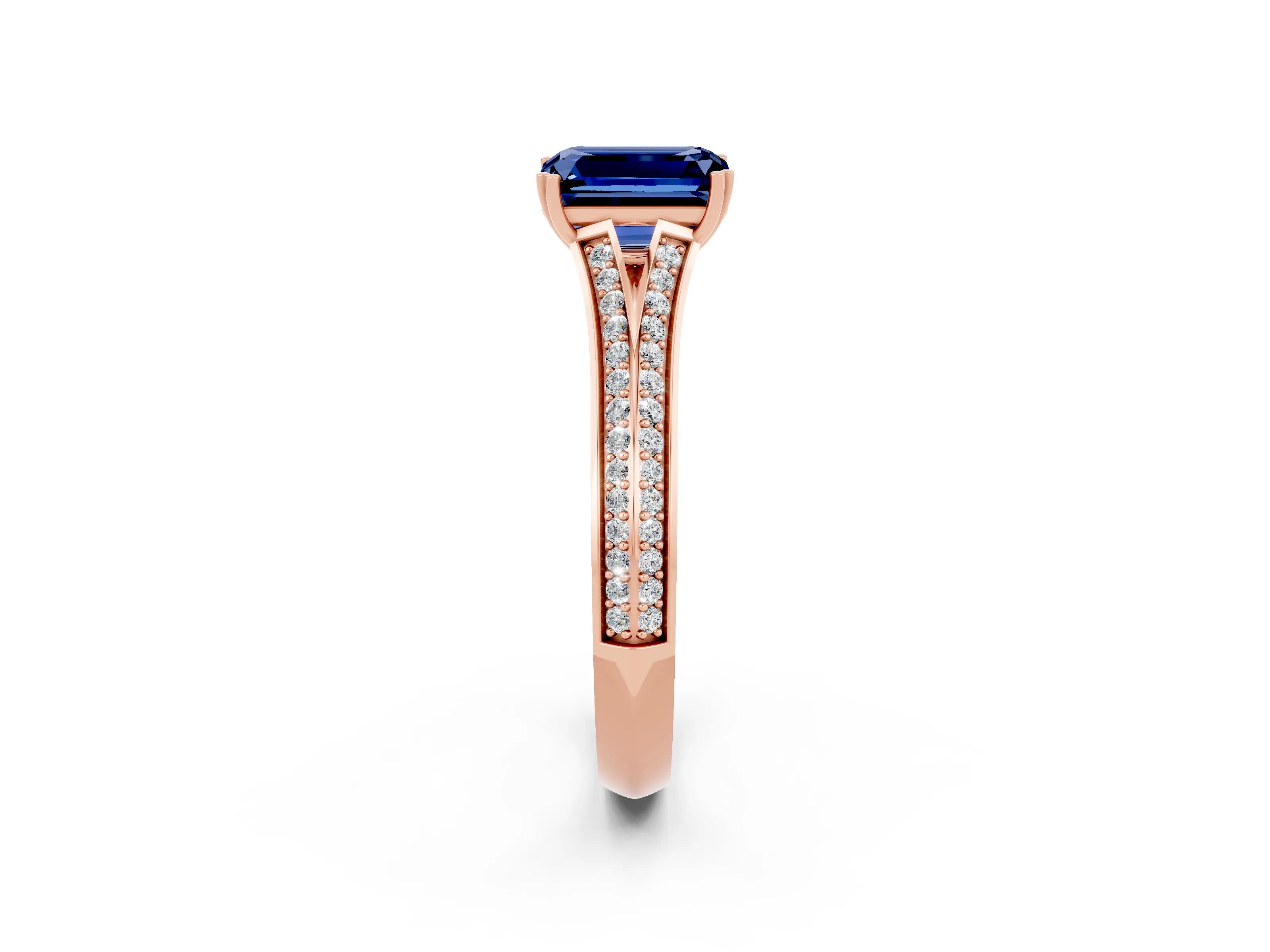 Rose gold Emerald Cut Blue Sapphire Split Shank Engagement Ring with Pavé Band_2