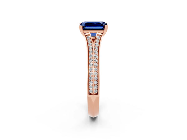 Rose gold Emerald Cut Blue Sapphire Split Shank Engagement Ring with Pavé Band