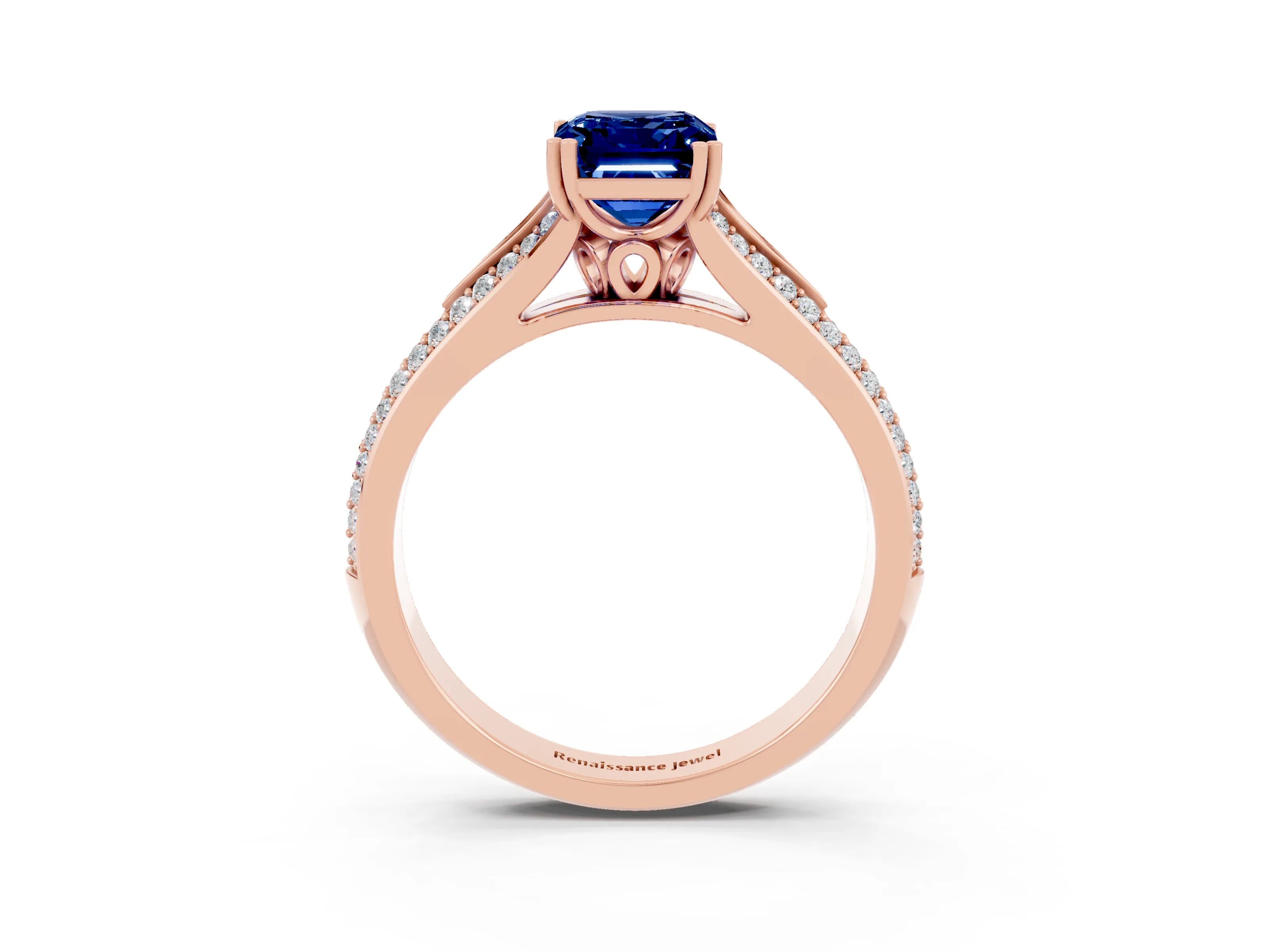 Rose gold Emerald Cut Blue Sapphire Split Shank Engagement Ring with Pavé Band_3