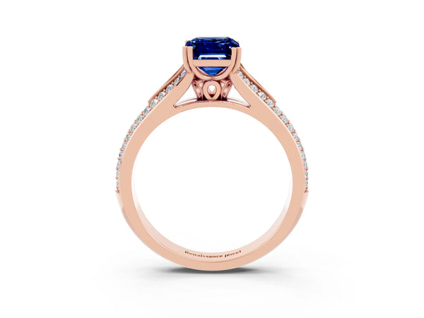 Rose gold Emerald Cut Blue Sapphire Split Shank Engagement Ring with Pavé Band