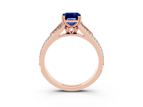 Rose gold Emerald Cut Blue Sapphire Split Shank Engagement Ring with Pavé Band_3