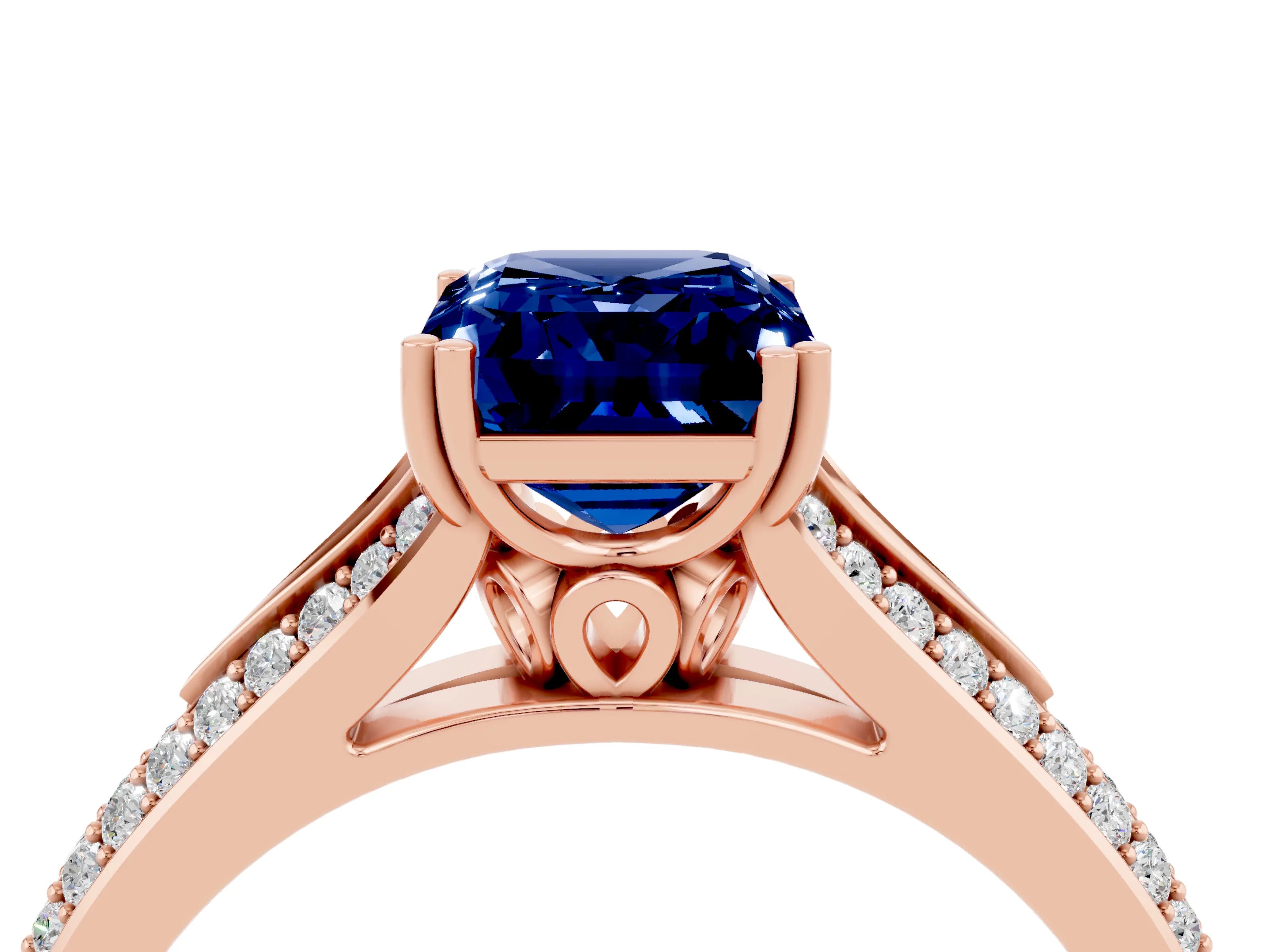 Rose gold Emerald Cut Blue Sapphire Split Shank Engagement Ring with Pavé Band_4