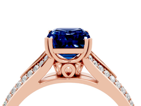 Rose gold Emerald Cut Blue Sapphire Split Shank Engagement Ring with Pavé Band_4