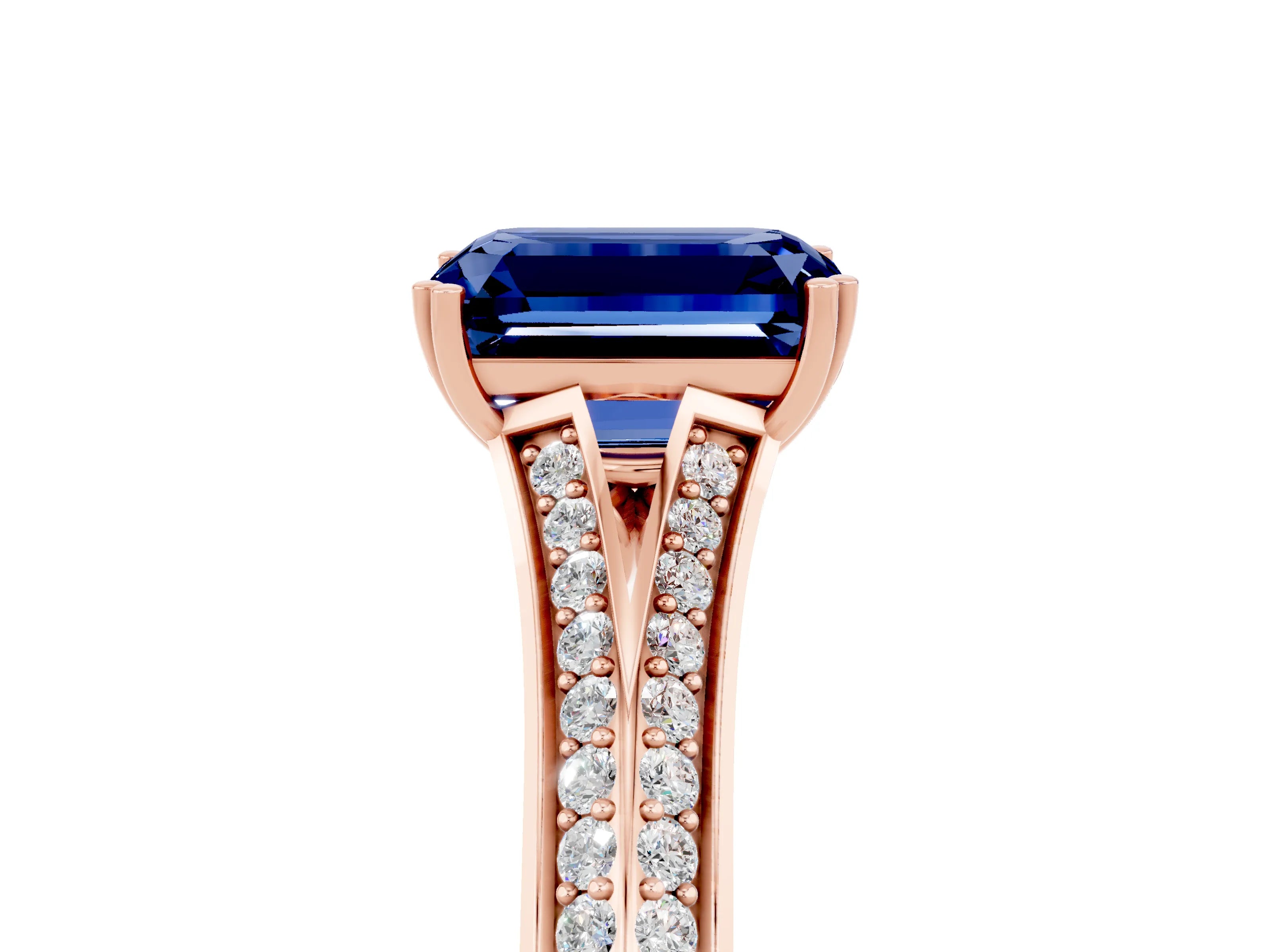 Rose gold Emerald Cut Blue Sapphire Split Shank Engagement Ring with Pavé Band_5