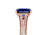 Rose gold Emerald Cut Blue Sapphire Split Shank Engagement Ring with Pavé Band_5