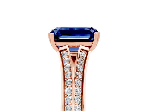 Rose gold Emerald Cut Blue Sapphire Split Shank Engagement Ring with Pavé Band_5
