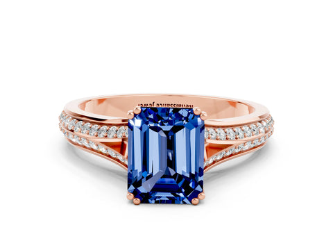 Rose gold Emerald Cut Blue Sapphire Split Shank Engagement Ring with Pavé Band