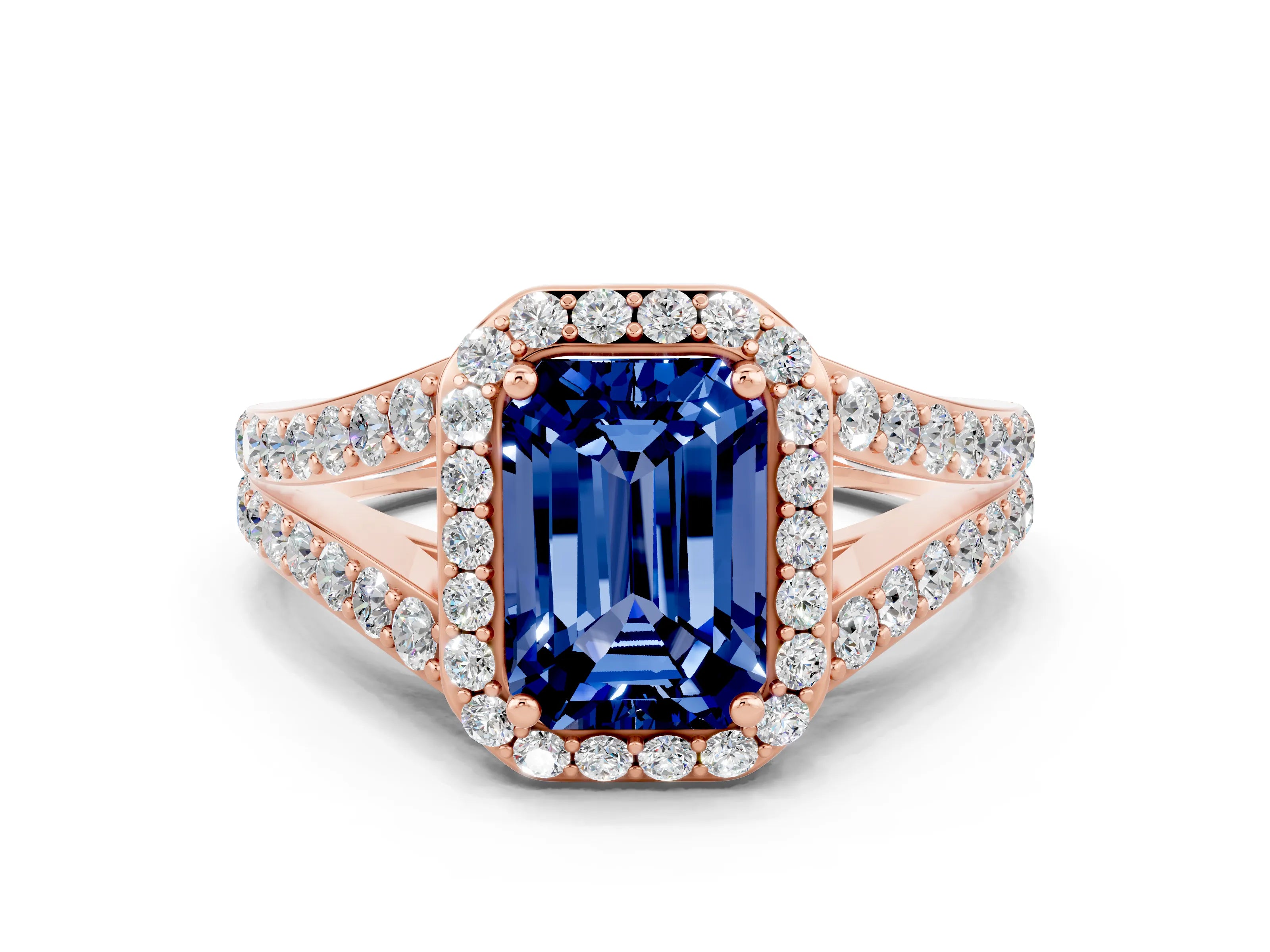 Rose gold Emerald Cut Blue Sapphire Split Shank Halo Ring with Four-Prong Setting_12