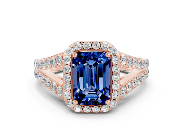 Rose gold Emerald Cut Blue Sapphire Split Shank Halo Ring with Four-Prong Setting