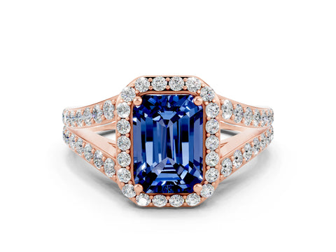Rose gold Emerald Cut Blue Sapphire Split Shank Halo Ring with Four-Prong Setting_12