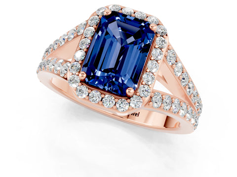 Rose gold Emerald Cut Blue Sapphire Split Shank Halo Ring with Four-Prong Setting_13