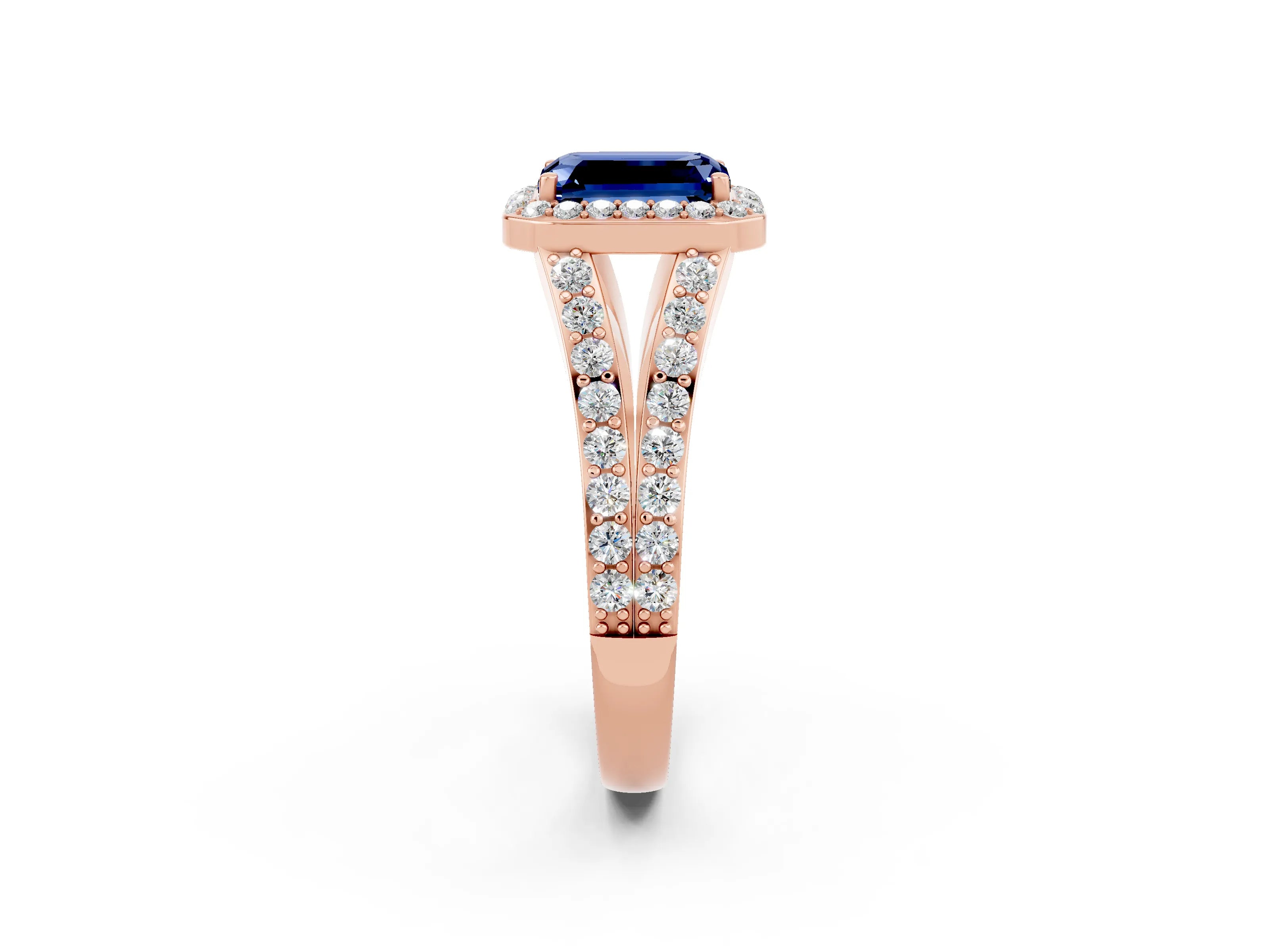Rose gold Emerald Cut Blue Sapphire Split Shank Halo Ring with Four-Prong Setting_14