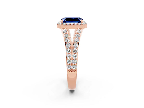 Rose gold Emerald Cut Blue Sapphire Split Shank Halo Ring with Four-Prong Setting