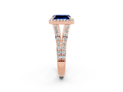 Rose gold Emerald Cut Blue Sapphire Split Shank Halo Ring with Four-Prong Setting_14