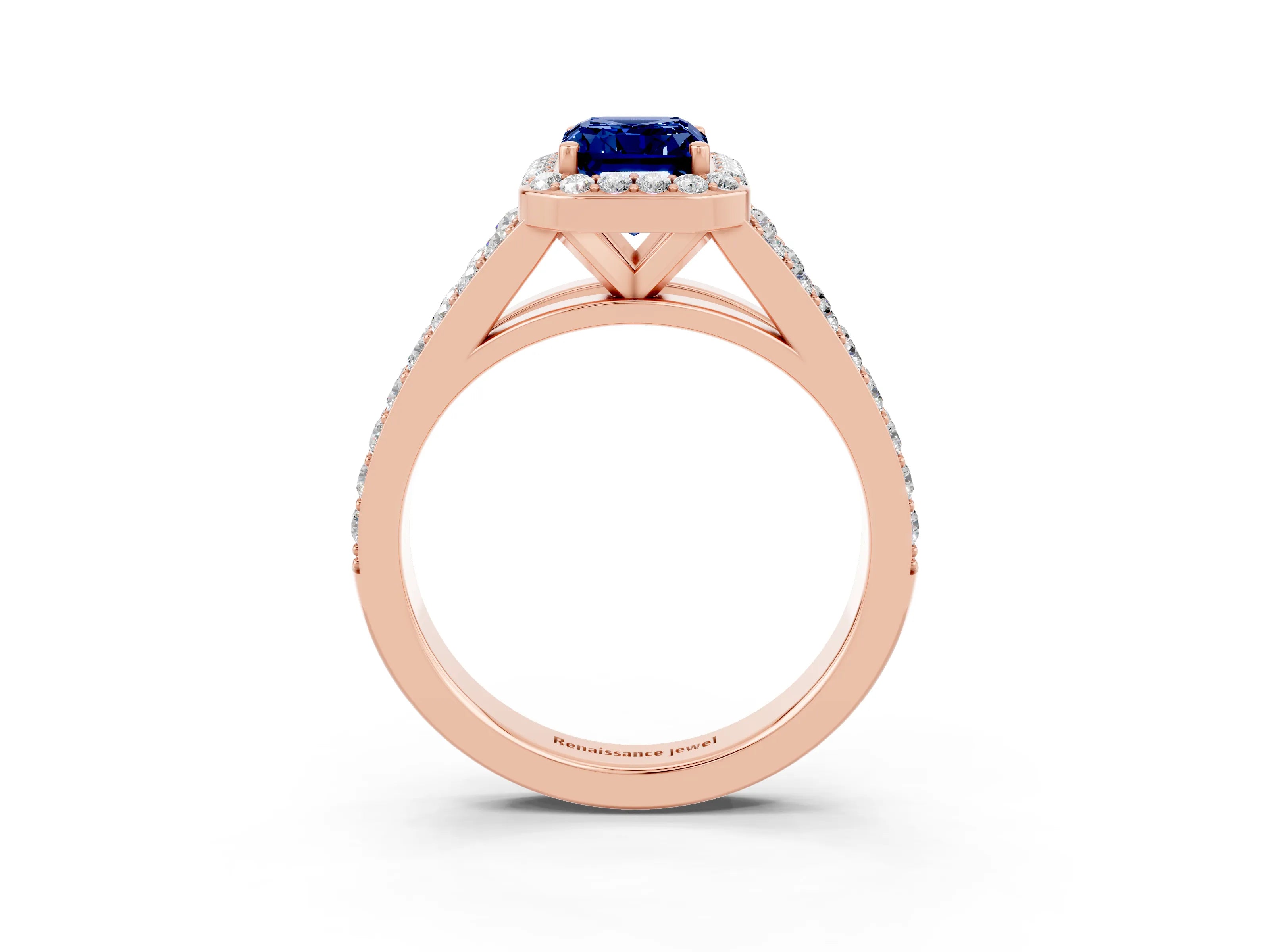 Rose gold Emerald Cut Blue Sapphire Split Shank Halo Ring with Four-Prong Setting_15