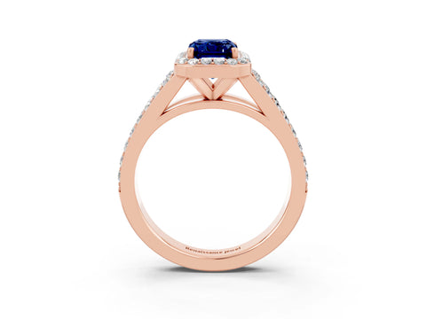 Rose gold Emerald Cut Blue Sapphire Split Shank Halo Ring with Four-Prong Setting_15