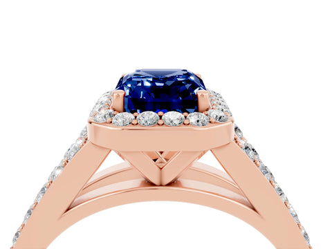 Rose gold Emerald Cut Blue Sapphire Split Shank Halo Ring with Four-Prong Setting_16