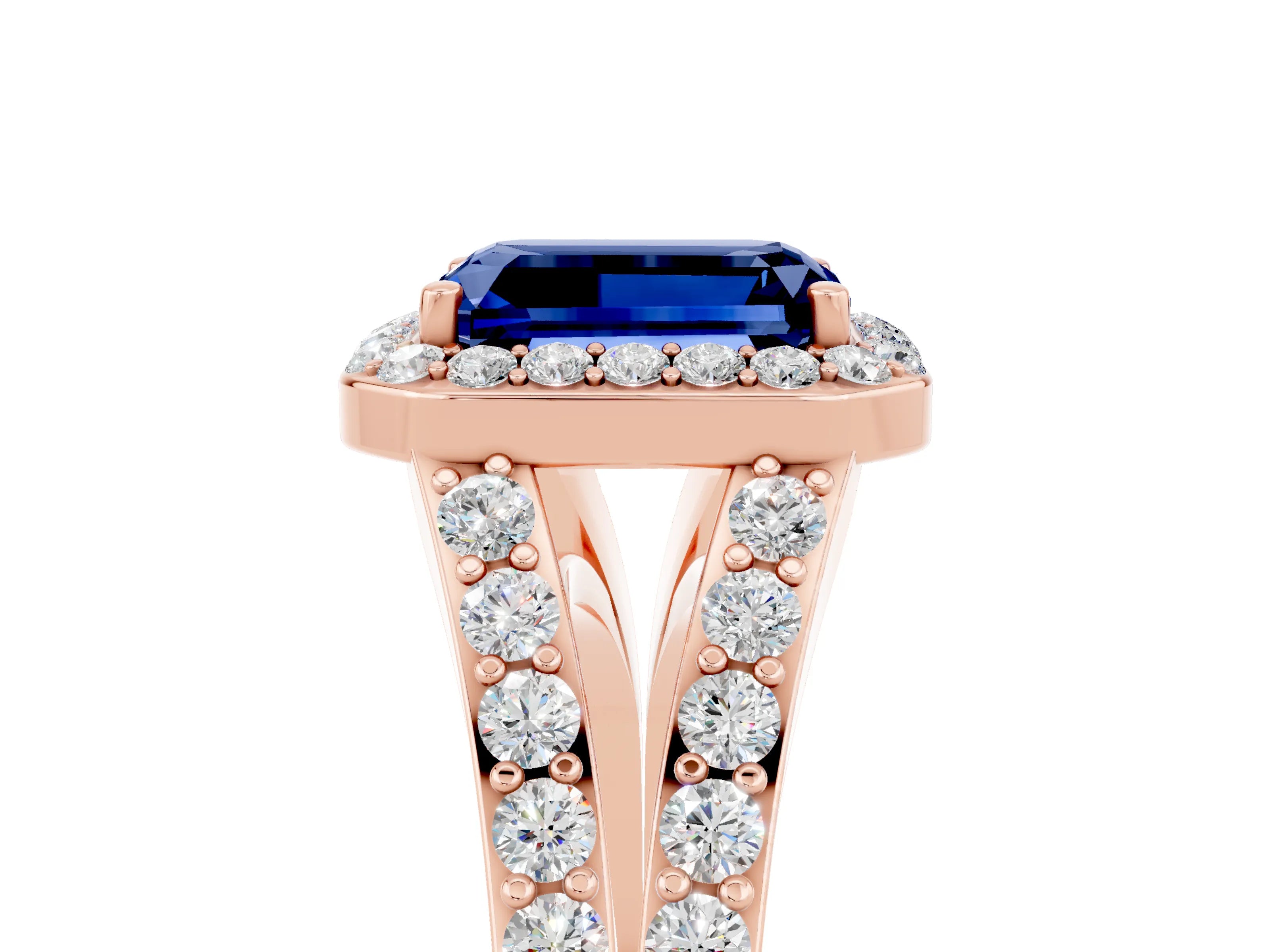 Rose gold Emerald Cut Blue Sapphire Split Shank Halo Ring with Four-Prong Setting_17