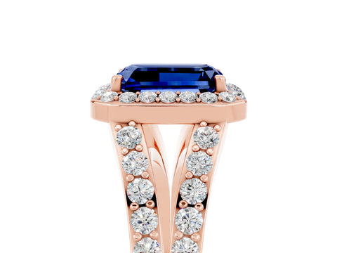 Rose gold Emerald Cut Blue Sapphire Split Shank Halo Ring with Four-Prong Setting_17