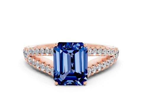 Rose gold Emerald Cut Blue Sapphire Split Shank Pavé Engagement Ring with Four-Prong Setting_12