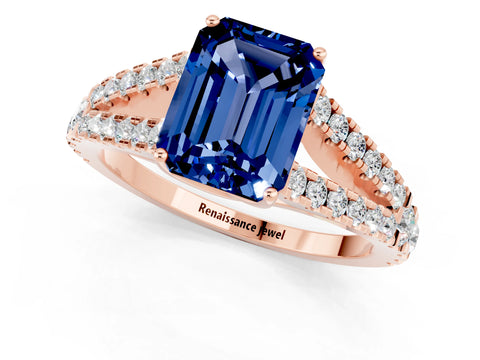 Rose gold Emerald Cut Blue Sapphire Split Shank Pavé Engagement Ring with Four-Prong Setting_13