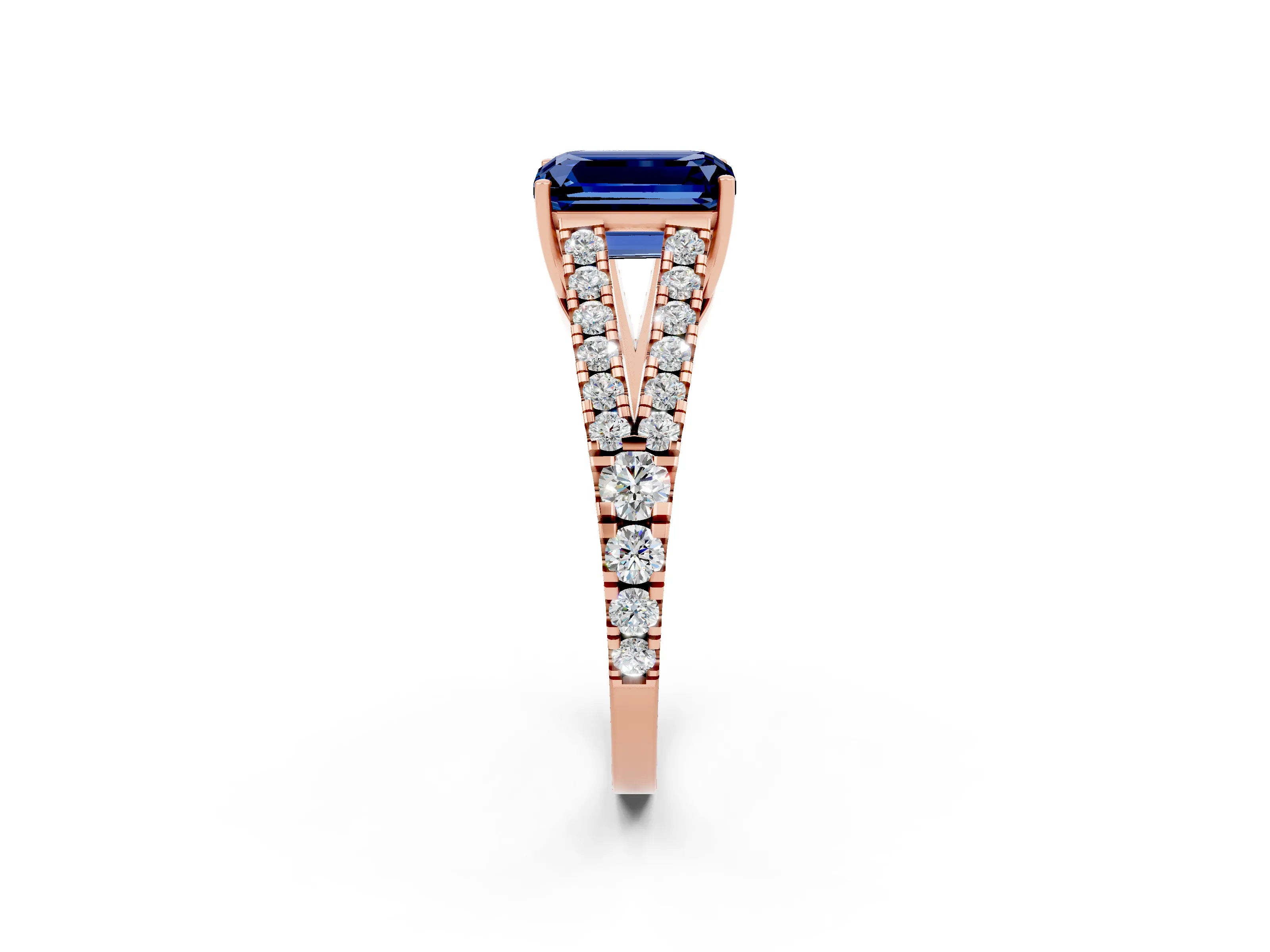 Rose gold Emerald Cut Blue Sapphire Split Shank Pavé Engagement Ring with Four-Prong Setting_14