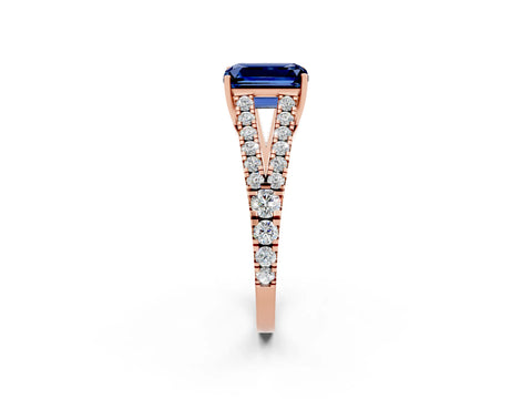 Rose gold Emerald Cut Blue Sapphire Split Shank Pavé Engagement Ring with Four-Prong Setting_14