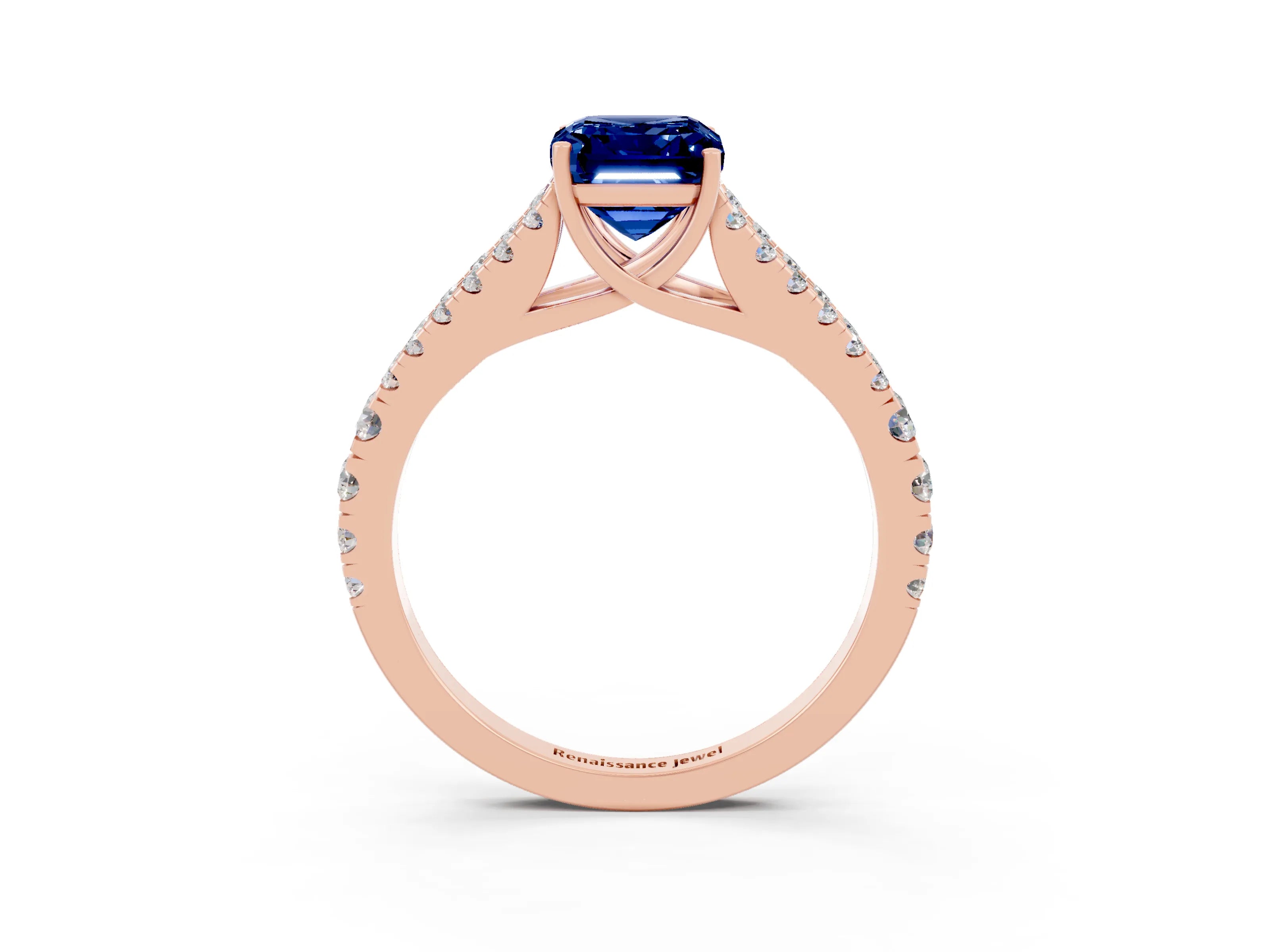Rose gold Emerald Cut Blue Sapphire Split Shank Pavé Engagement Ring with Four-Prong Setting_15