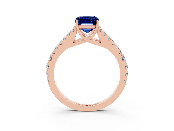 Rose gold Emerald Cut Blue Sapphire Split Shank Pavé Engagement Ring with Four-Prong Setting