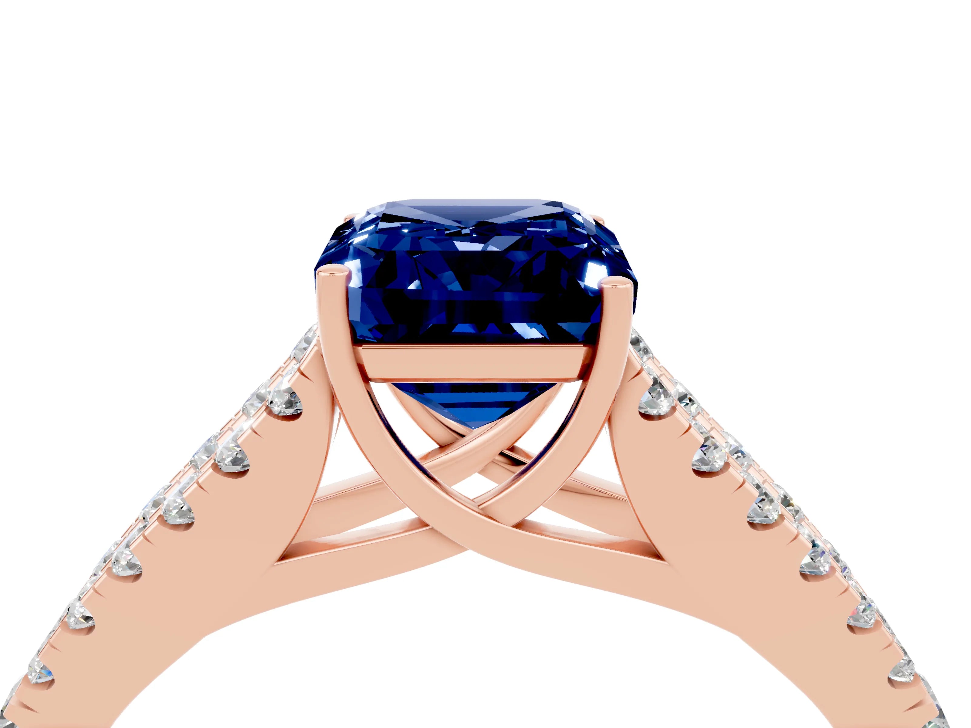 Rose gold Emerald Cut Blue Sapphire Split Shank Pavé Engagement Ring with Four-Prong Setting_16