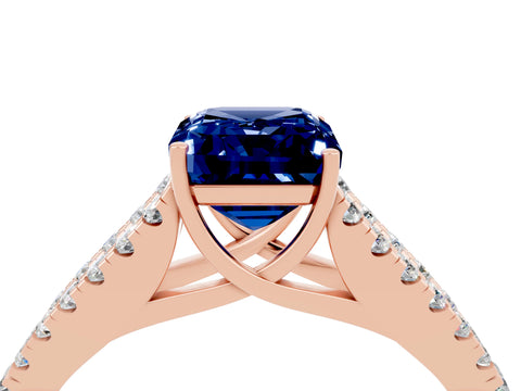 Rose gold Emerald Cut Blue Sapphire Split Shank Pavé Engagement Ring with Four-Prong Setting_16