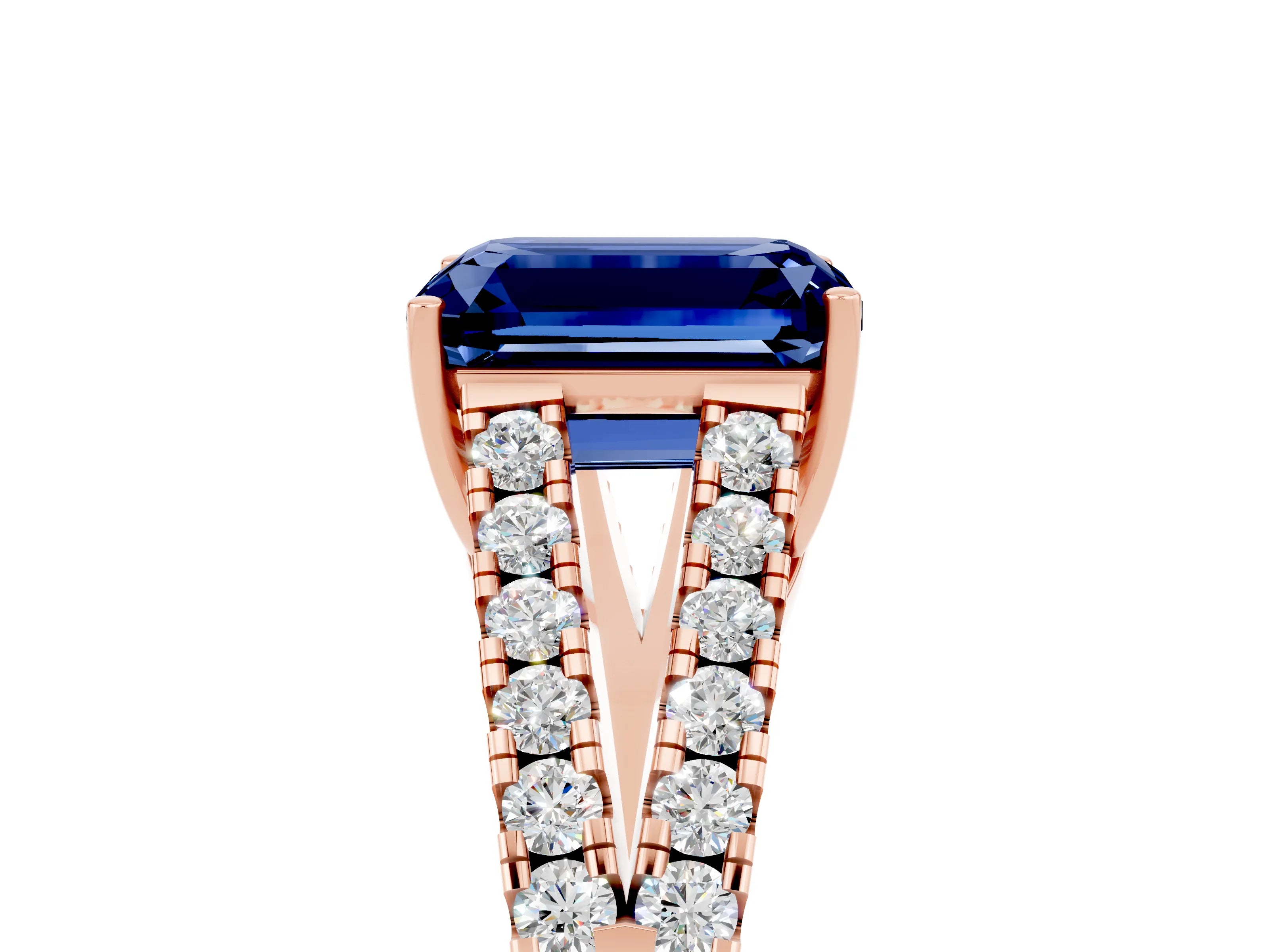 Rose gold Emerald Cut Blue Sapphire Split Shank Pavé Engagement Ring with Four-Prong Setting_17