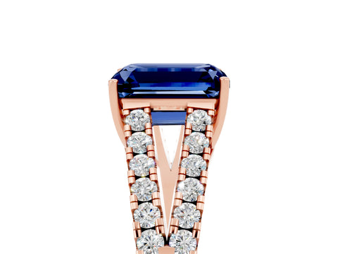 Rose gold Emerald Cut Blue Sapphire Split Shank Pavé Engagement Ring with Four-Prong Setting_17