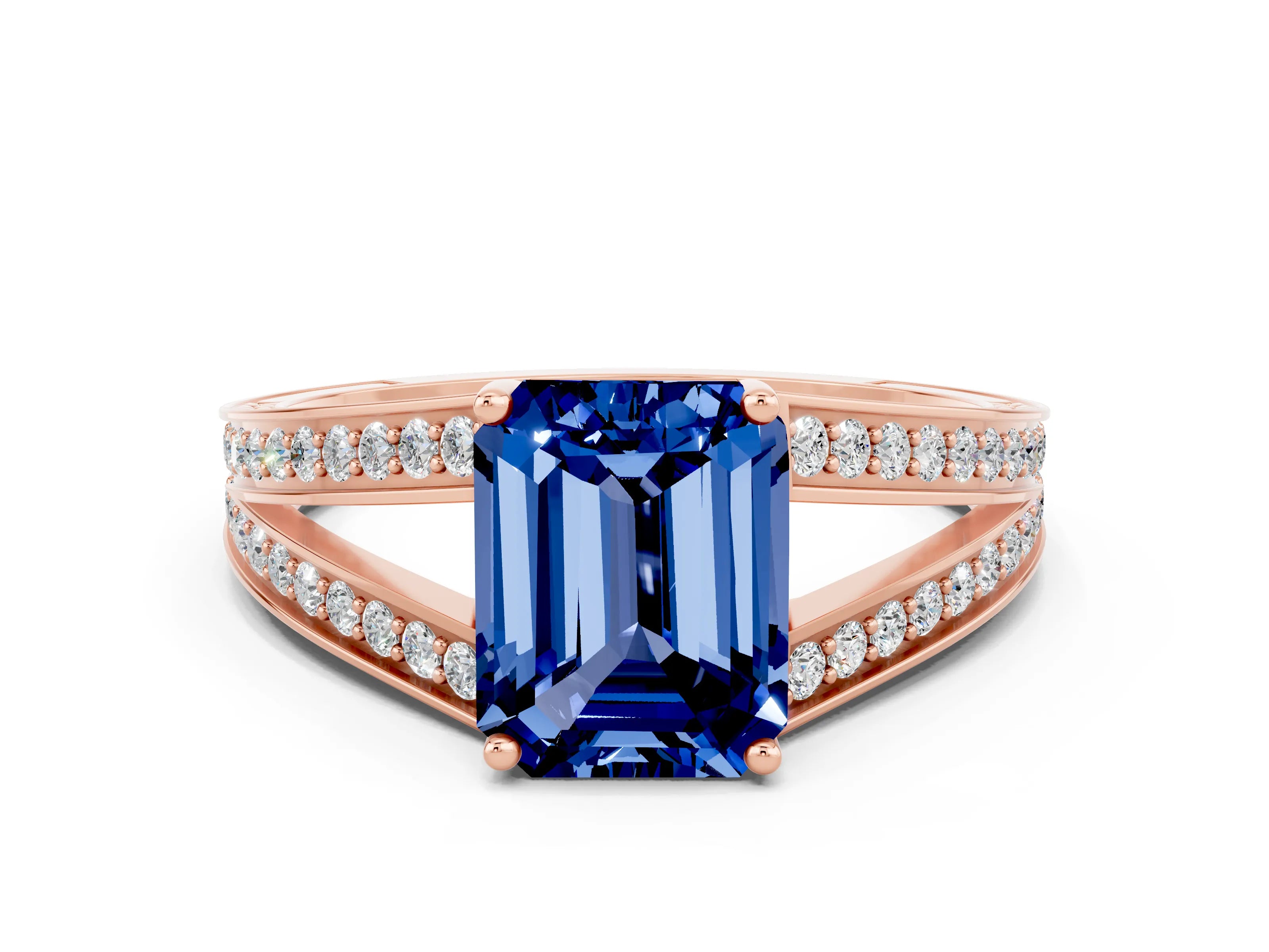 Rose gold Emerald Cut Blue Sapphire Split Shank Ring with Pavé Band and Four-Prong Setting_4