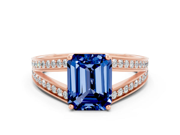 Rose gold Emerald Cut Blue Sapphire Split Shank Ring with Pavé Band and Four-Prong Setting