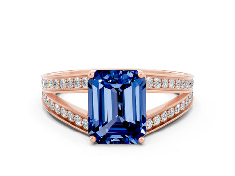 Rose gold Emerald Cut Blue Sapphire Split Shank Ring with Pavé Band and Four-Prong Setting_4