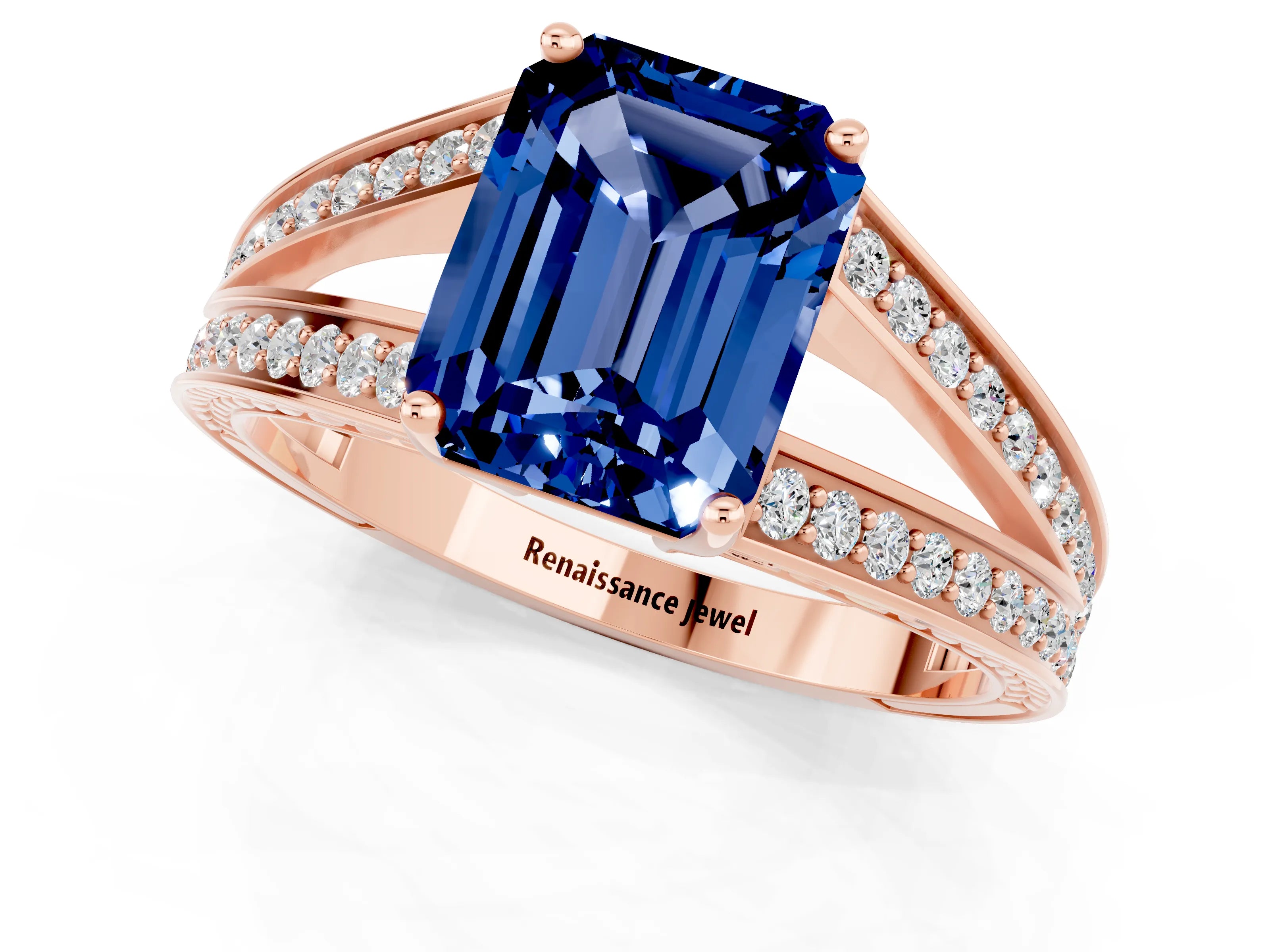 Rose gold Emerald Cut Blue Sapphire Split Shank Ring with Pavé Band and Four-Prong Setting_5