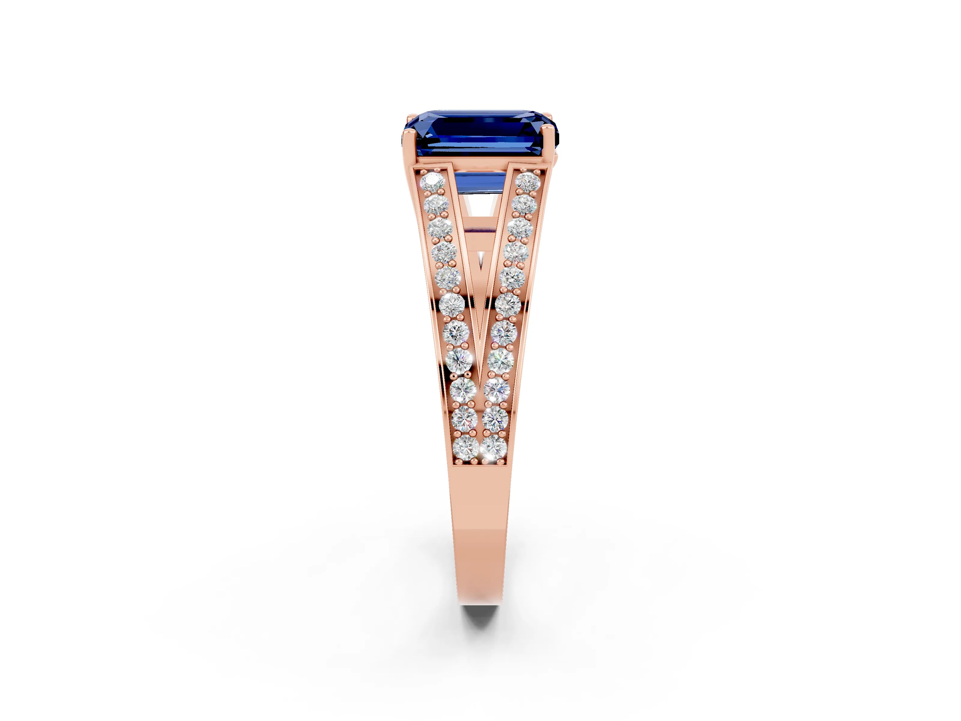 Rose gold Emerald Cut Blue Sapphire Split Shank Ring with Pavé Band and Four-Prong Setting_6