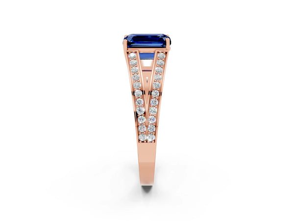 Rose gold Emerald Cut Blue Sapphire Split Shank Ring with Pavé Band and Four-Prong Setting