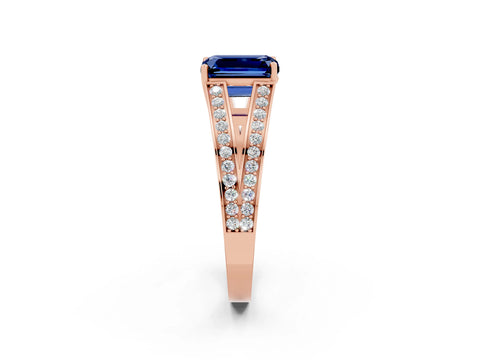 Rose gold Emerald Cut Blue Sapphire Split Shank Ring with Pavé Band and Four-Prong Setting_6