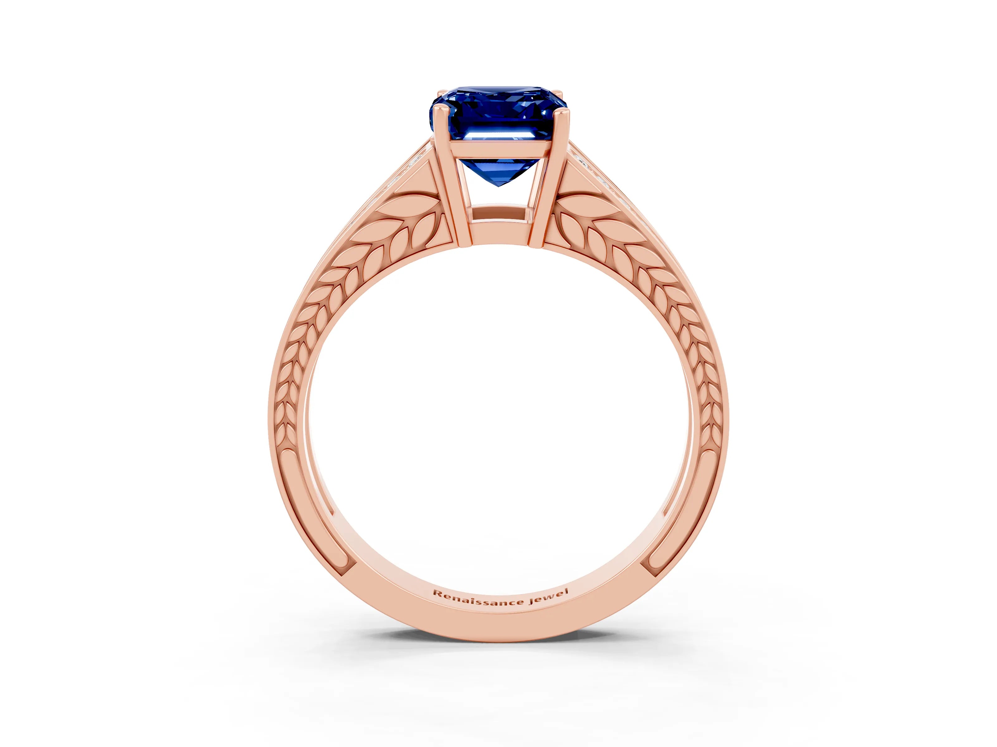 Rose gold Emerald Cut Blue Sapphire Split Shank Ring with Pavé Band and Four-Prong Setting_7