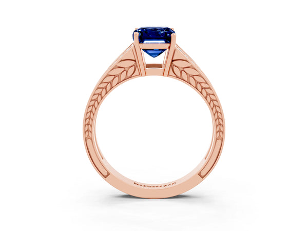 Rose gold Emerald Cut Blue Sapphire Split Shank Ring with Pavé Band and Four-Prong Setting