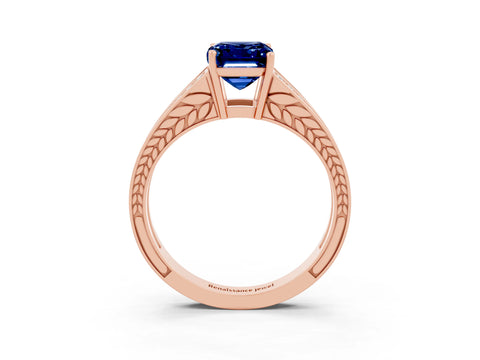 Rose gold Emerald Cut Blue Sapphire Split Shank Ring with Pavé Band and Four-Prong Setting_7