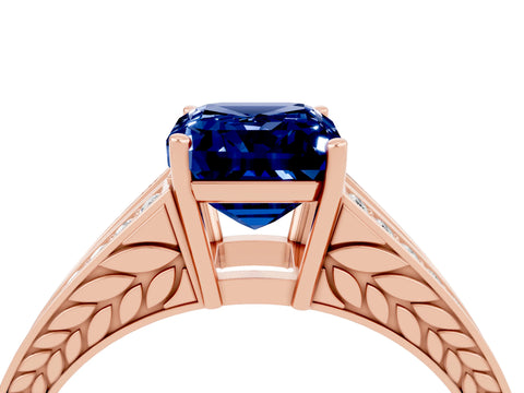 Rose gold Emerald Cut Blue Sapphire Split Shank Ring with Pavé Band and Four-Prong Setting_8