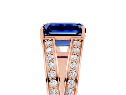 Rose gold Emerald Cut Blue Sapphire Split Shank Ring with Pavé Band and Four-Prong Setting_9